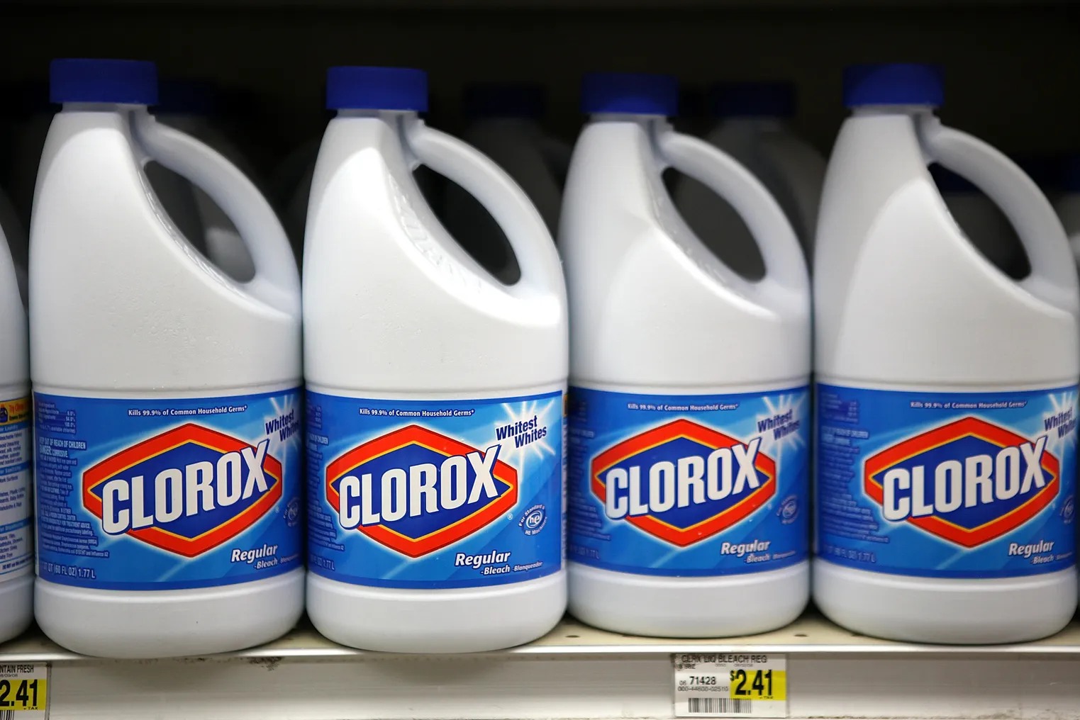 Bottles of Clorox bleach on a shelf.