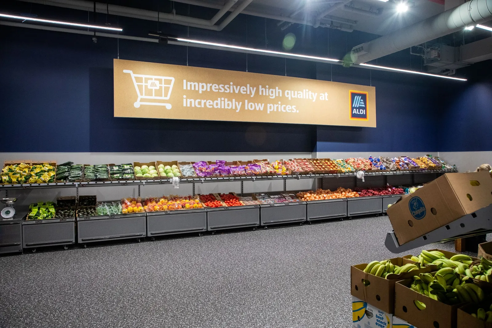 Produce section of an Aldi grocery store