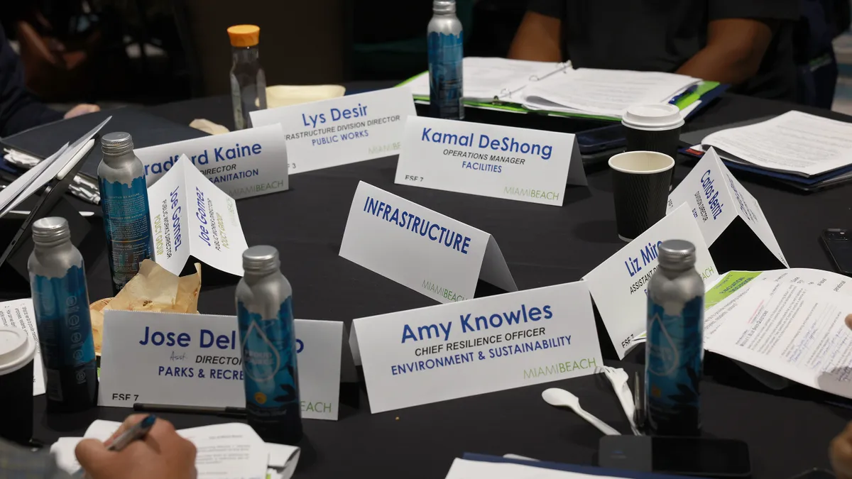 Name tags with job titles like "chief resilience officer" and "operations manager" sit on a conference table.