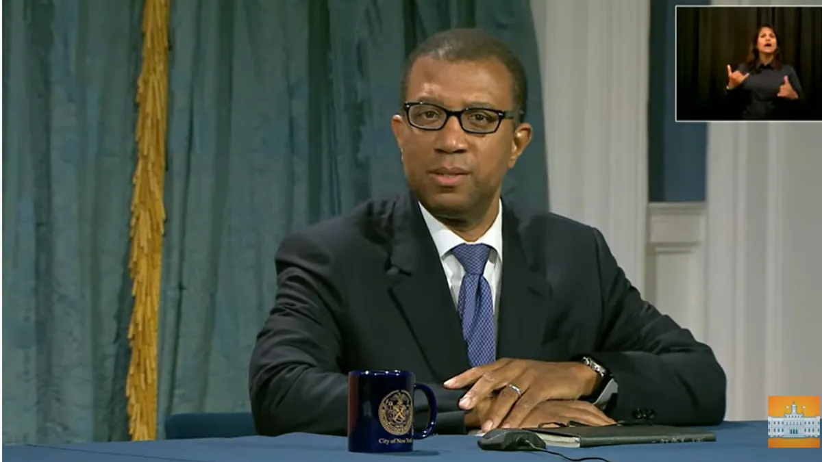 New York City Corporation Counsel Jim Johnson at a media briefing