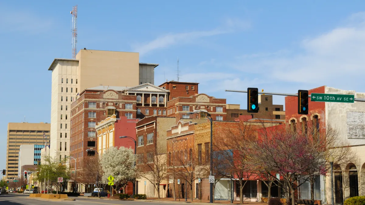 A downtown street corner in Topeka, Kansas.