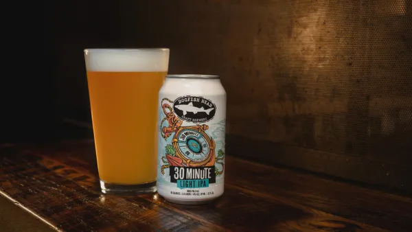 Dogfish Head's 30 Minute Light IPA in bottle and glass