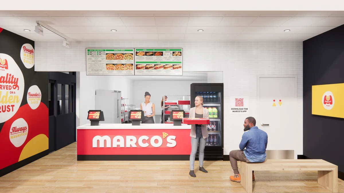 A rendering of Marco's store design includes a front pickup counter, beverage cooler and a small waiting area.