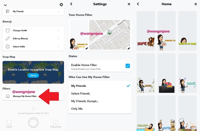 Snapchat Home Filter option