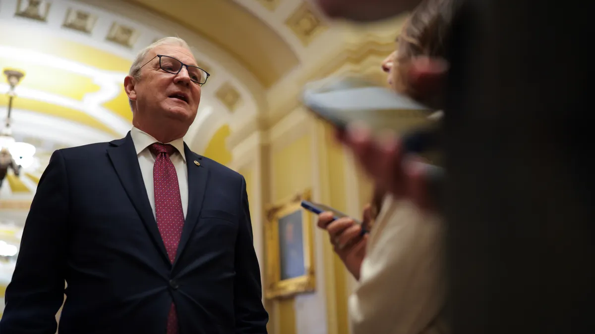 U.S. Sen. Kevin Cramer (R-ND) speaks to reporters before the weekly Republican Senate policy luncheon at the U.S. Capitol on April 01, 2025 in Washington, DC.