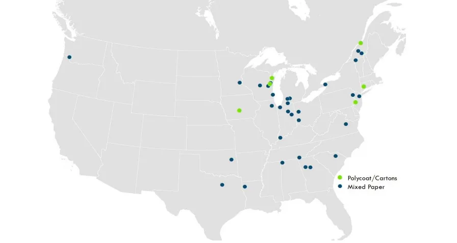 A map of North America with several dozen pinpoints indicating fiber mills that accept polycoated paper cups for recycling.