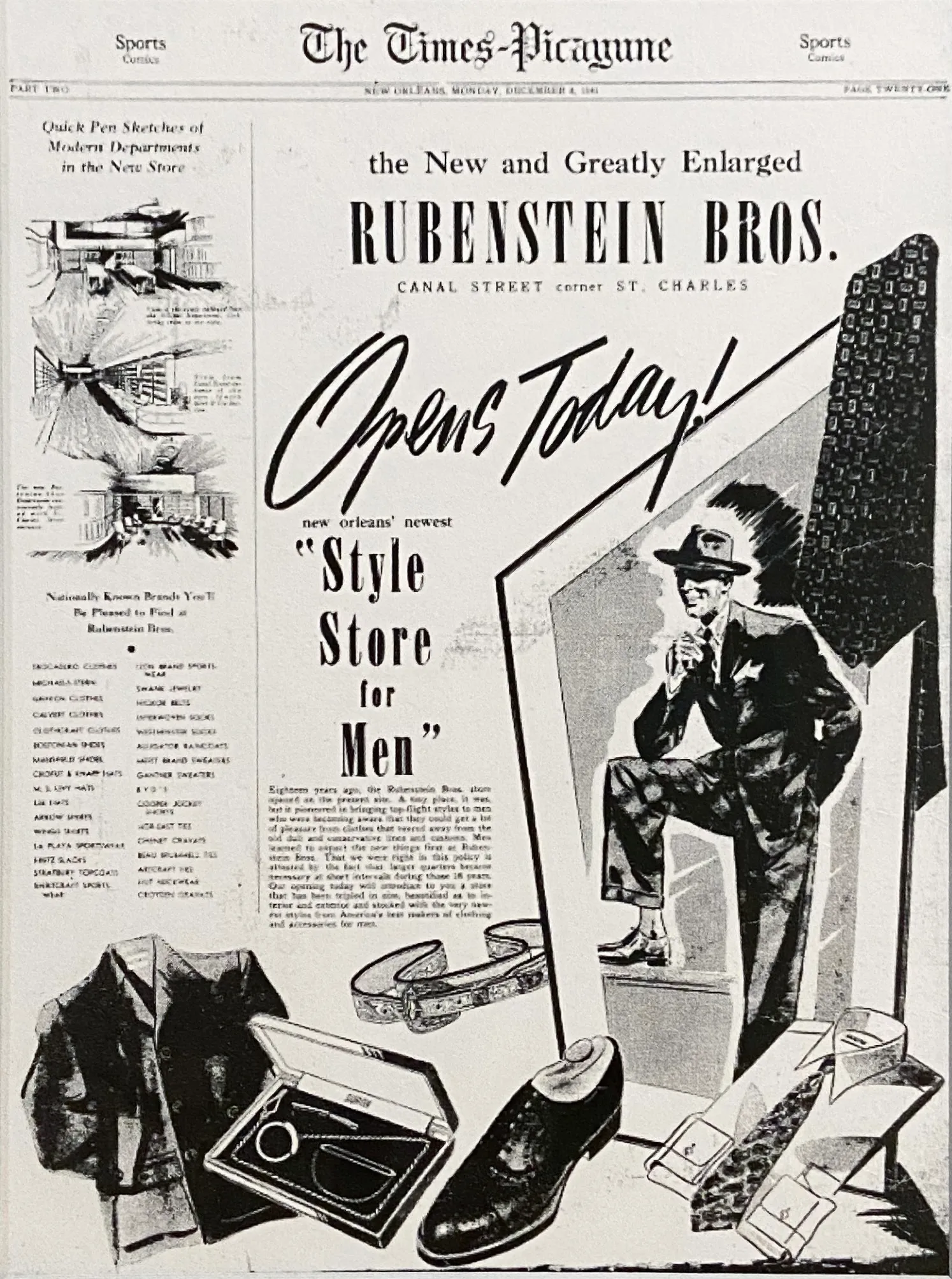 A newspaper ad from the 1940s in the Times Picayune announcing the grand opening of an apparel store in New Orleans.