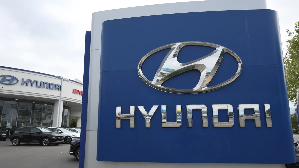 New Hyundai cars are displayed on a sales lot in California