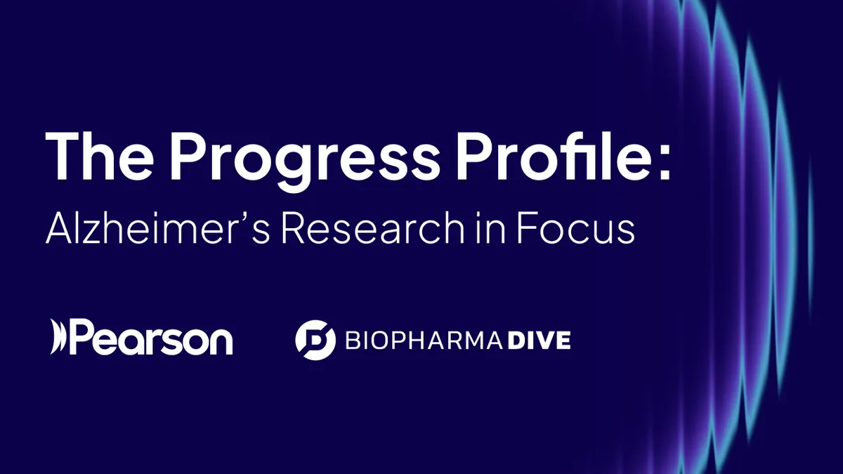 This image depicts the podcast series cover image for Pearson's BioPharma Dive series, "The Progress Profile: Alzheimer’s Research in Focus"