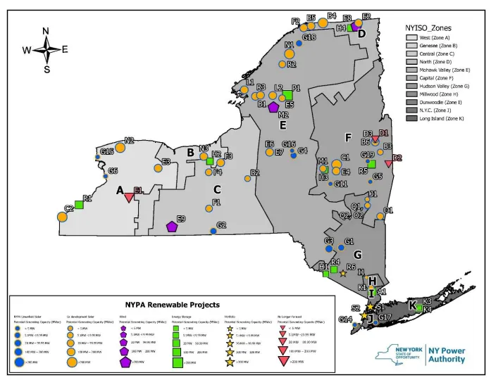 Map shows the location of renewable energy projects the New York Power Authority intends to develop.
