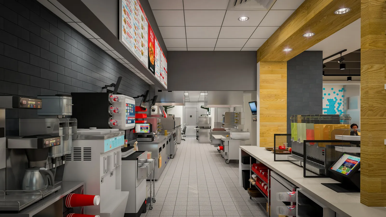 A rendering of a high-capacity kitchen at Wendy's with a dual-sided kitchen and additional features.