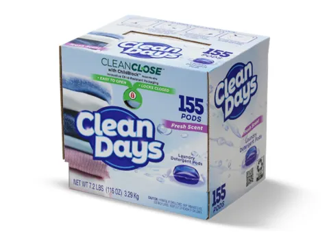 A box with a blue exterior and multicolored messaging indicating there are 155 laundry pods inside.
