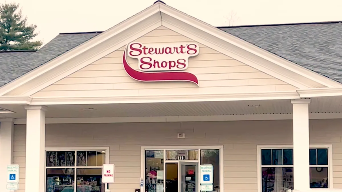 A screenshot from a video showing the exterior of a Stewart's location.