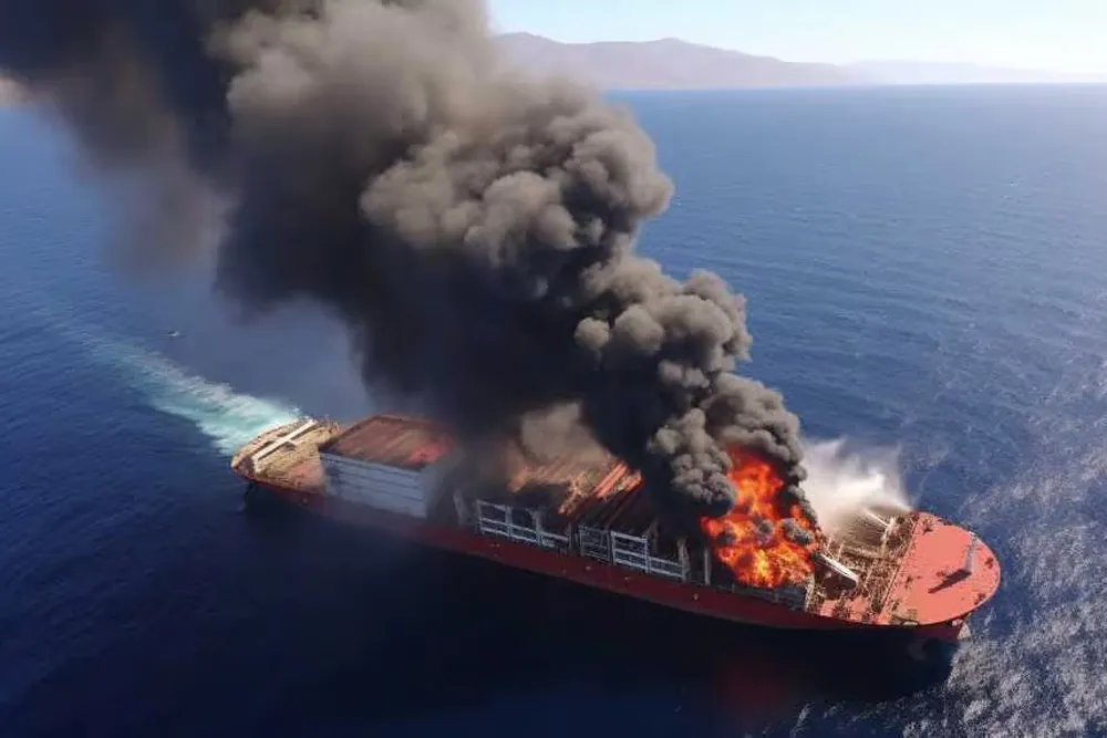 An ocean cargo vessel is billowing smoke from a fire located in the stern of the ship.