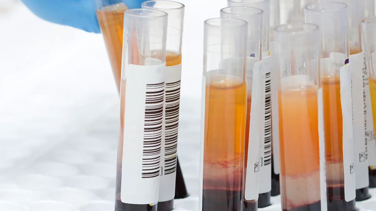 Close up of blood and test tubes.