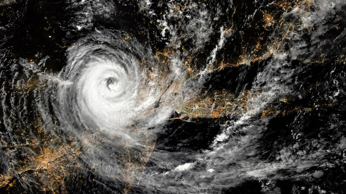 Hurricane over northeastern United States at night. New York City and Newark, New Jersey.