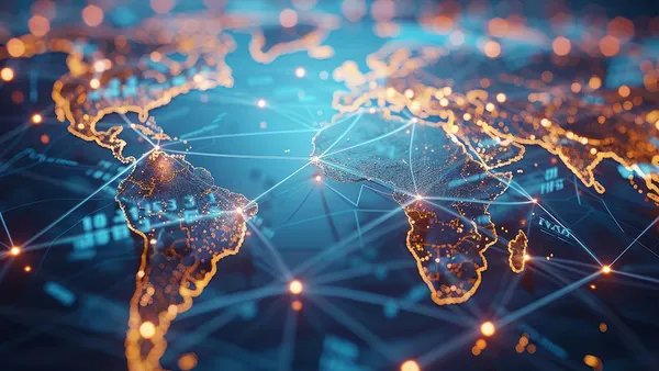 An AI-generated world map with glowing lights