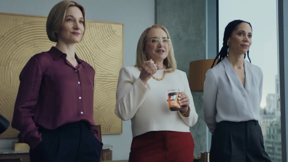 J. Smith-Cameron and two actors in Jif's "The Merger" campaign