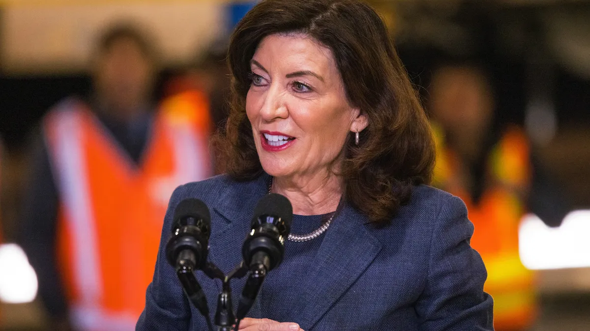 New York Gov. Kathy Hochul gives a speech on the Hudson River tunnel project at the West Side Yard on January 31, 2023 in New York City.