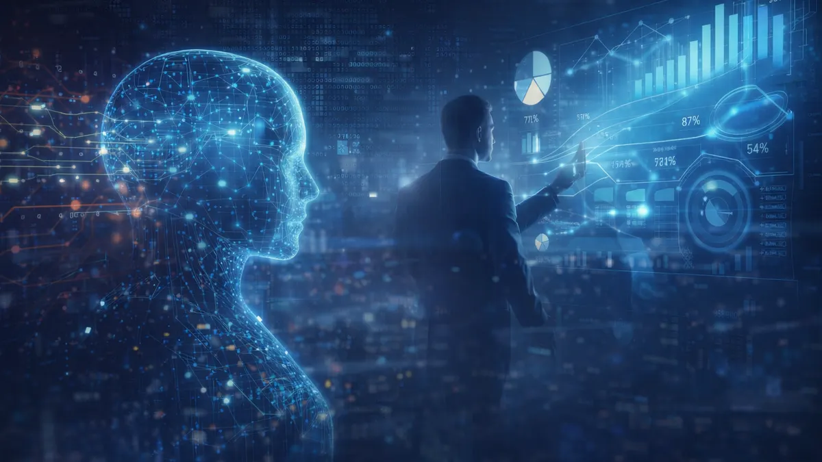 Futuristic AI figure with human analyzing data.