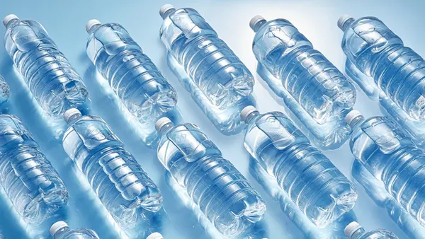 A variety of clear water bottles without labels are lined up.