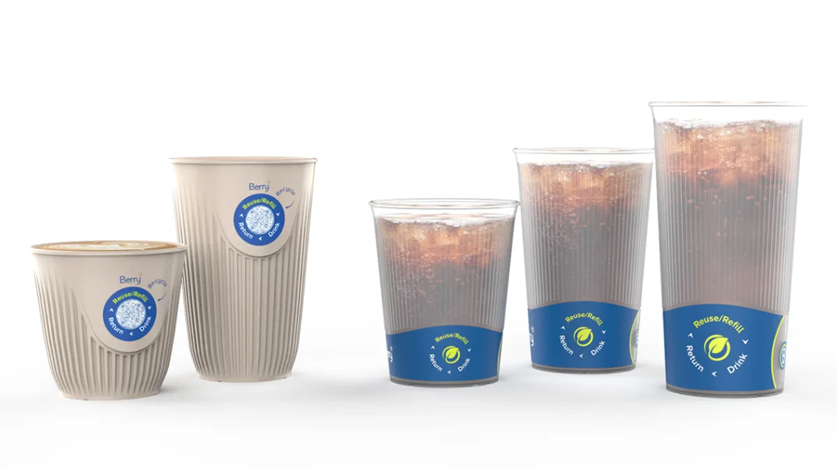 Two opaque beige cups and three clear cups with cola, all bearing the Berry Global logo.