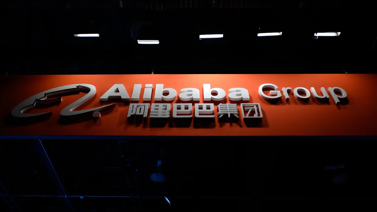 An Alibaba Group sign is displayed at the its booth at CES 2017 at the Las Vegas Convention Center on January 5, 2017 in Las Vegas, Nevada.