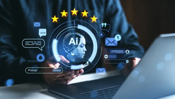 AI-powered customer review and rating system concept on digital interface screen.