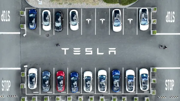 Aerial view of Tesla's parking lot on April 20, 2022 in Fremont, California