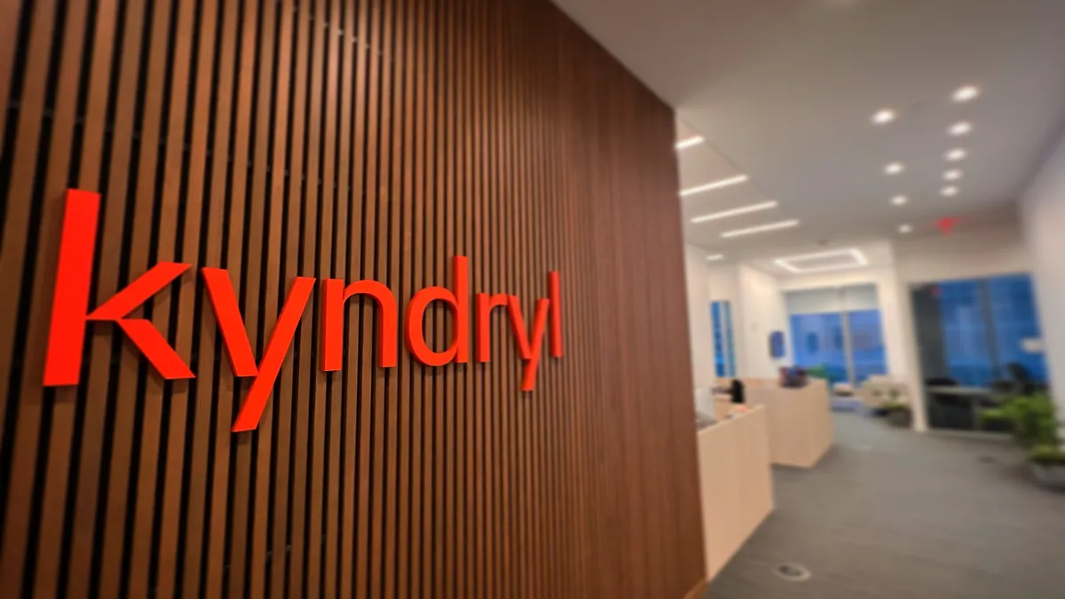 The Kyndryl logo pictured inside the IT infrastructure services provider's headquarters in New York.