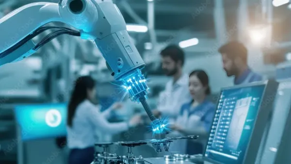 Robotic arm with blue light working in factory