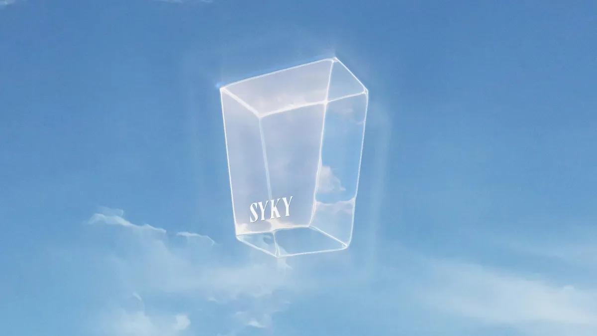 A transparent block on a blue sky background.