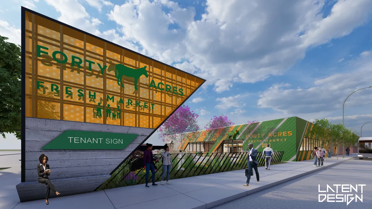 Rendering of an exterior of a grocery store and a sign that says "Forty Acres Fresh Market"