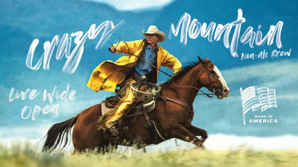 A person is on a horse in cowboy attire, with text advertising Crazy Mountain beer.