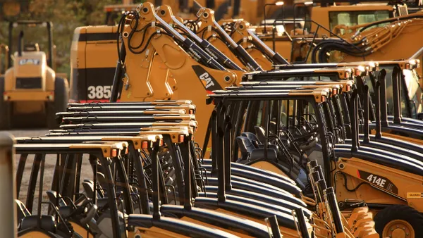 Heavy caterpillar machinery stands at dealership Quinn Co. in City of Industry, California.
