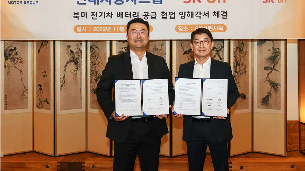 Executives from Hyundai Motor Group and SK On pose with signed memorandum of understanding at SK Group Headquarters in November.