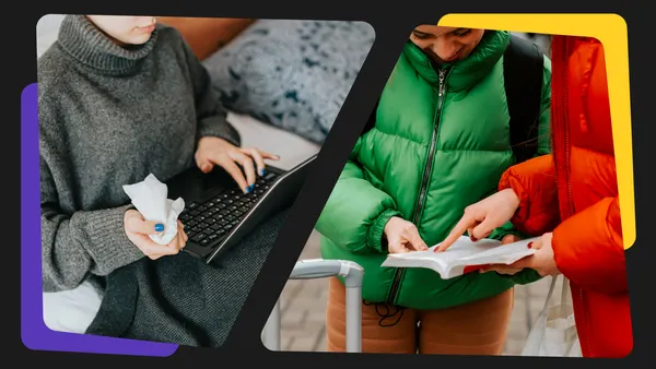 A collage of an ill person and two people looking at a book.