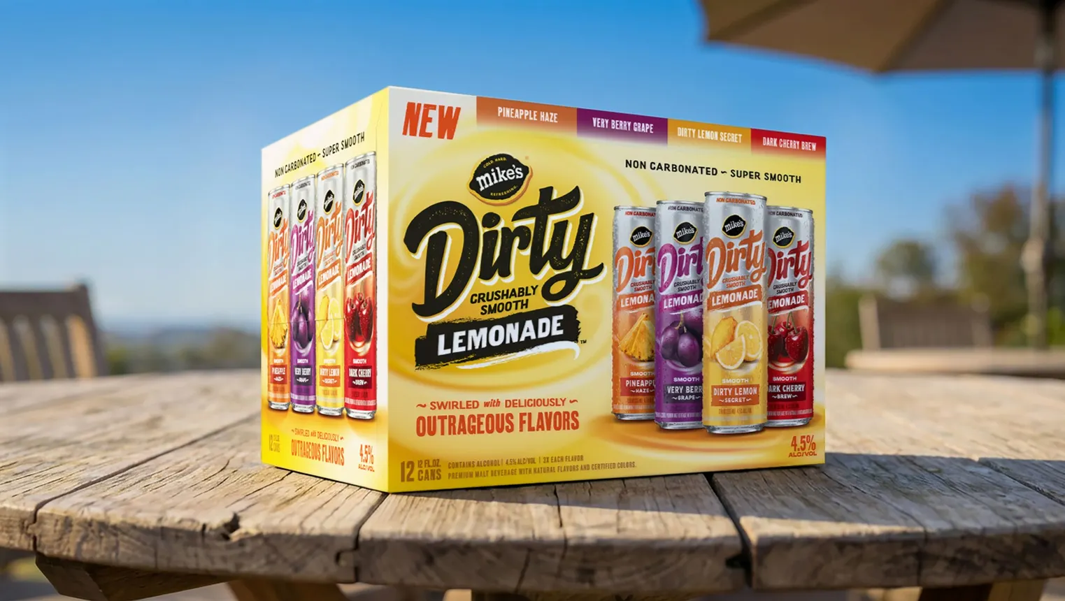 A variety pack of Mike's Hard Dirty Lemonade is pictured outdoors on a wooden table.