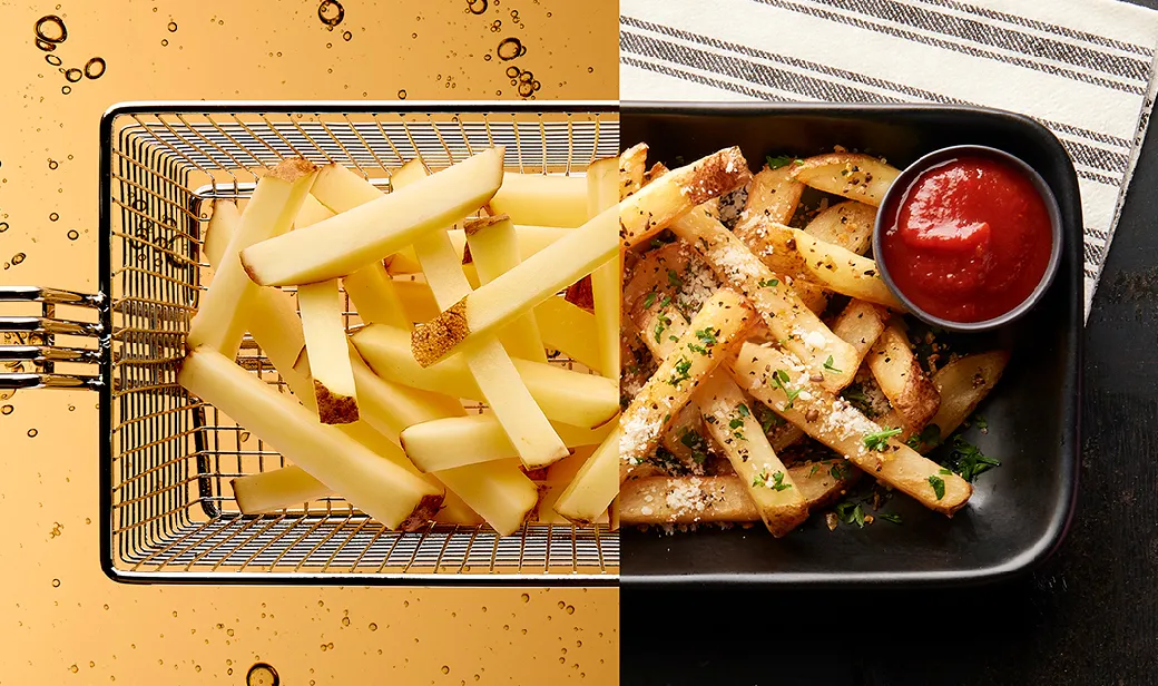 aa split image of fries, half of it in a fry basket and the other half on a serving plate