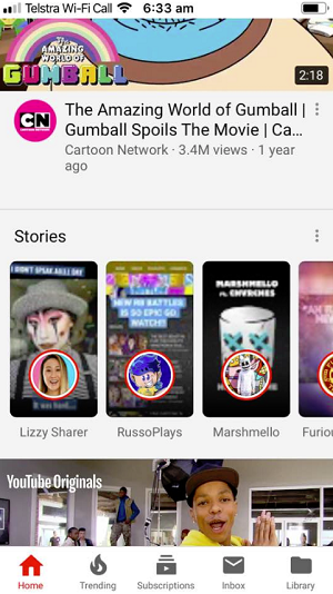 YouTube Stories bar in the app