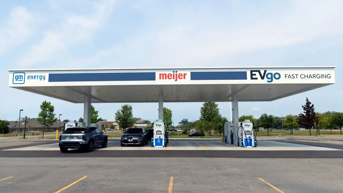 A picture of the new EVgo flagship charging station in Warren, Michigan, branded with the corporate logos of GM Energy, EVgo and Meijer.