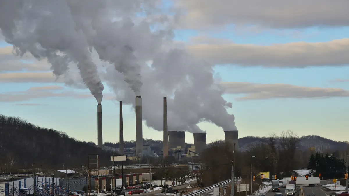 The coal-fired Amos power plant in West Virginia, with smokestacks and cooling towers.