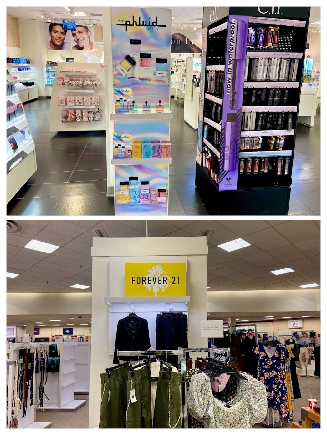 Two photos shown vertically feature various brands at a department store.