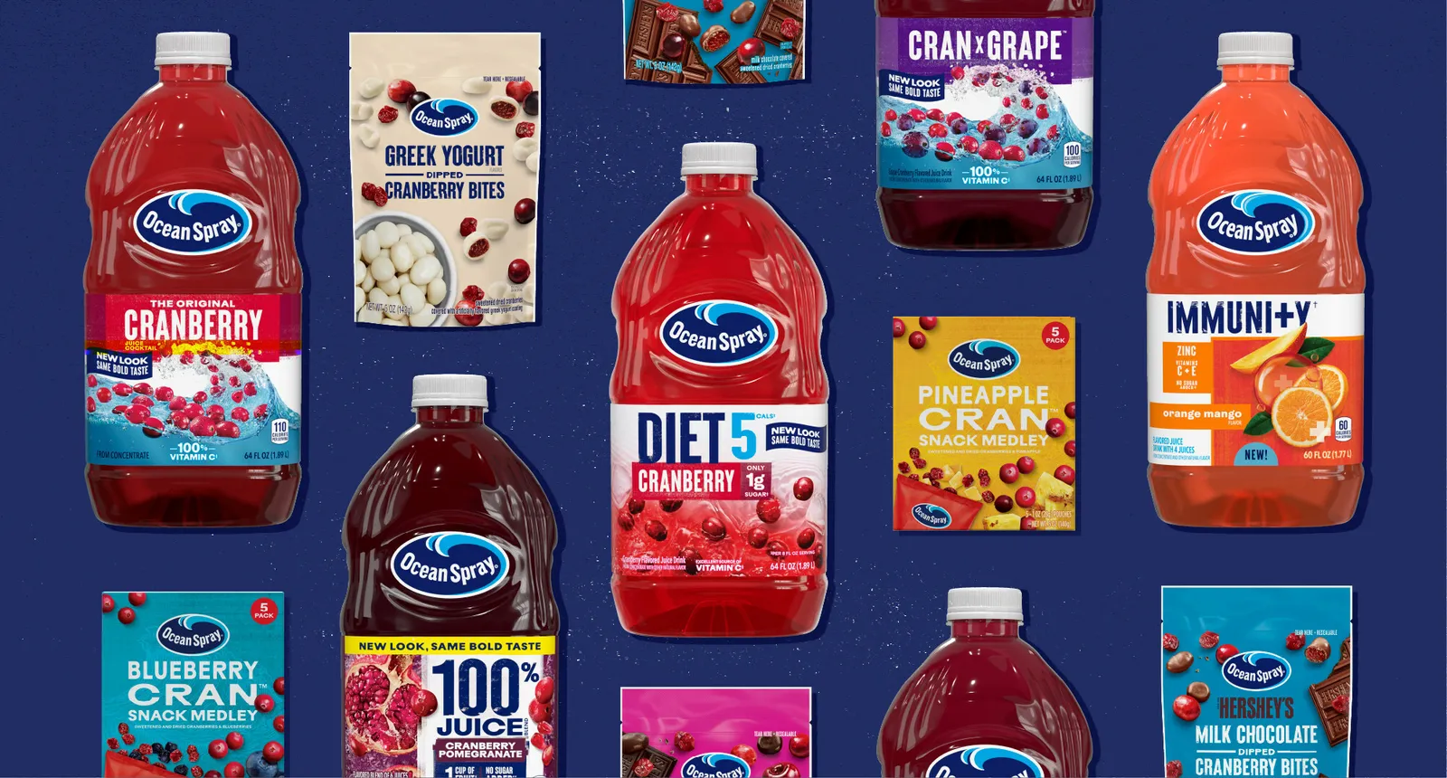 Numerous Ocean Spray beverage and Craisins products sporting the company&#x27;s rebranded labels.