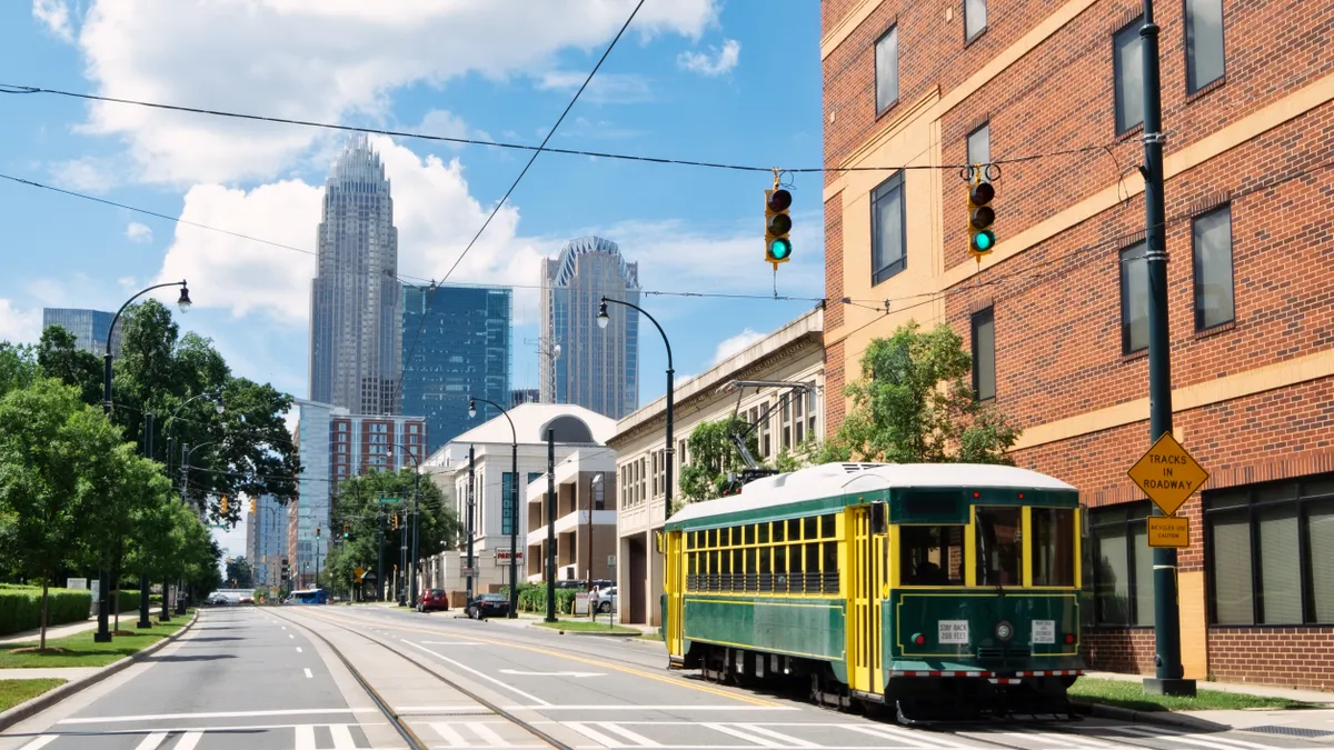 Trolley and streetscape in Charlotte, North Carolina