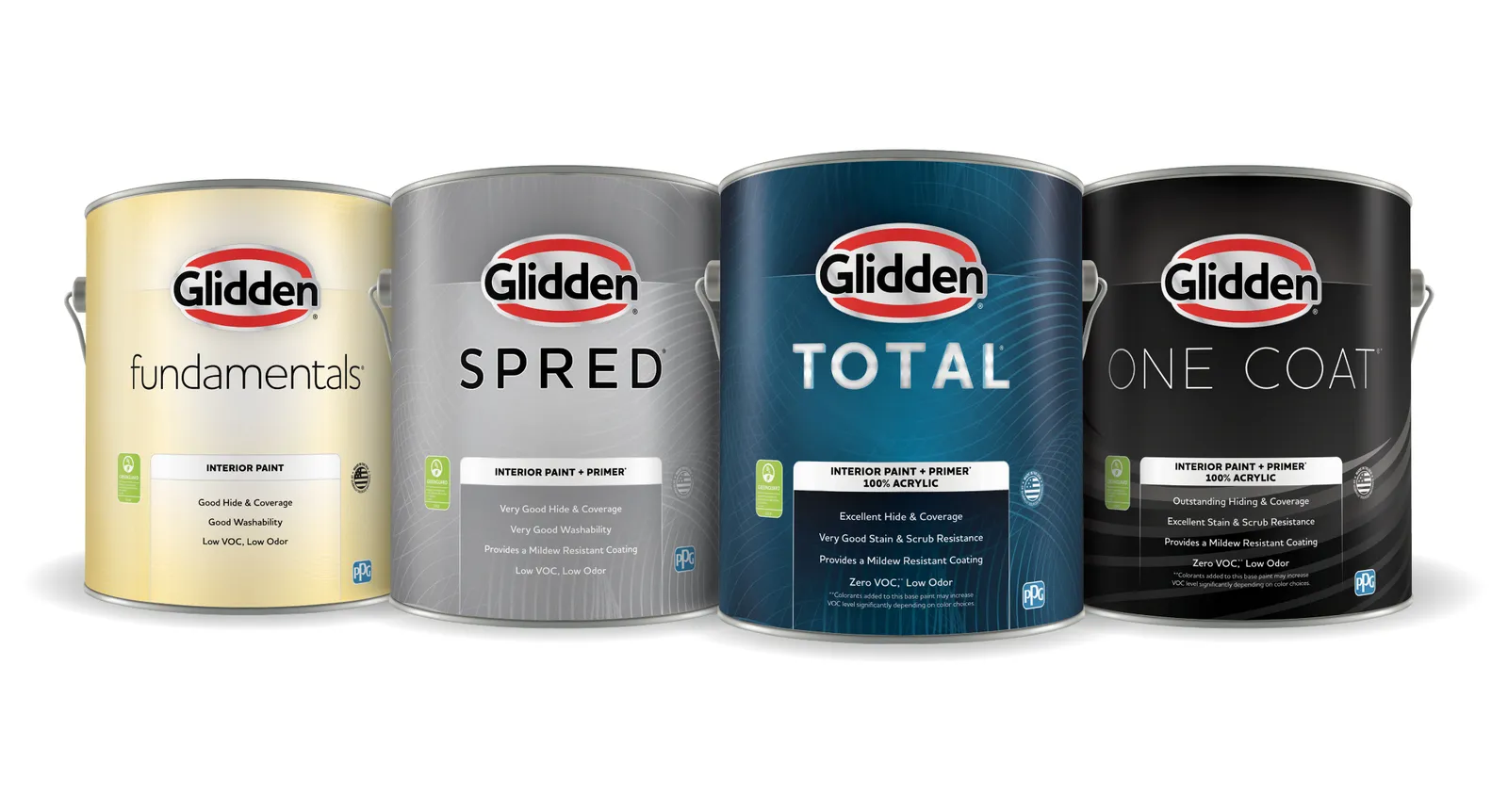 Gold, silver, dark blue and black paint cans with the Glidden logo in the center.