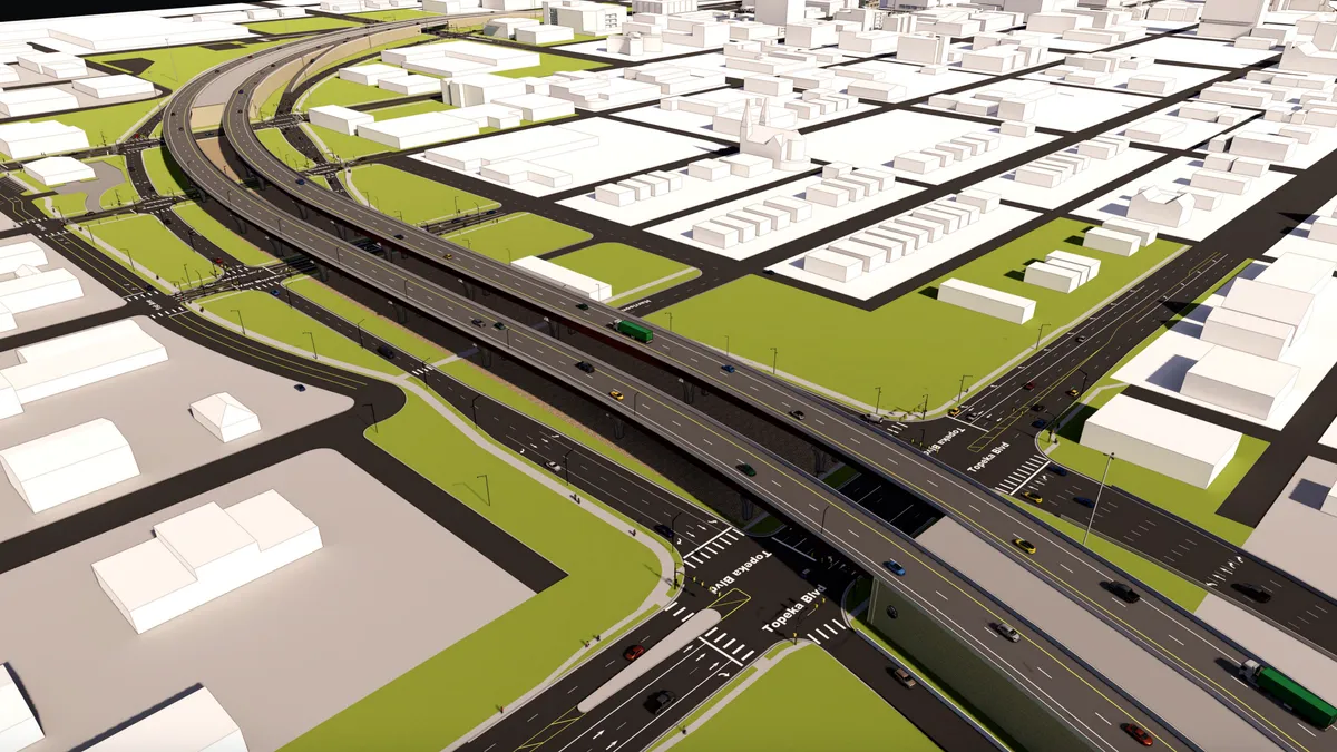 A rendering of a large highway with a viaduct. The roads wind around the computer-generated city.