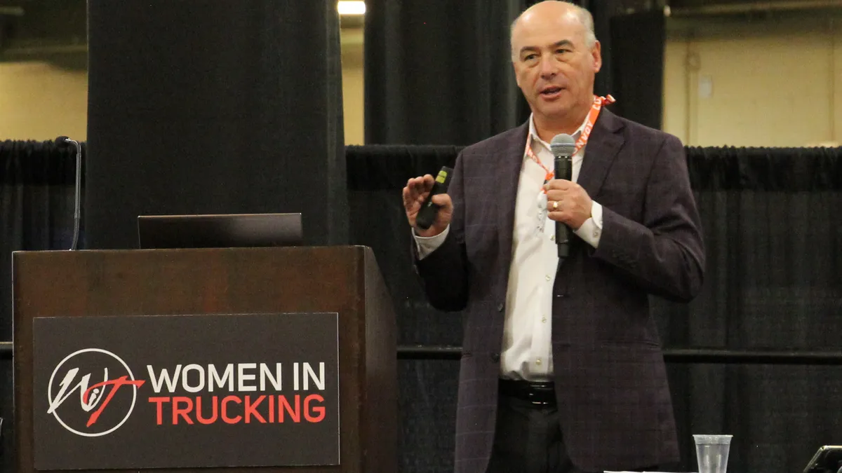 ATRI's Dan Murray speaks at the Women In Trucking Association's conference for a presentation on advance driver assistance systems.