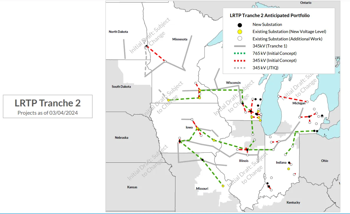 A map of the Midcontinent Independent System Operator initial Tranche 2 transmission expansion proposal.