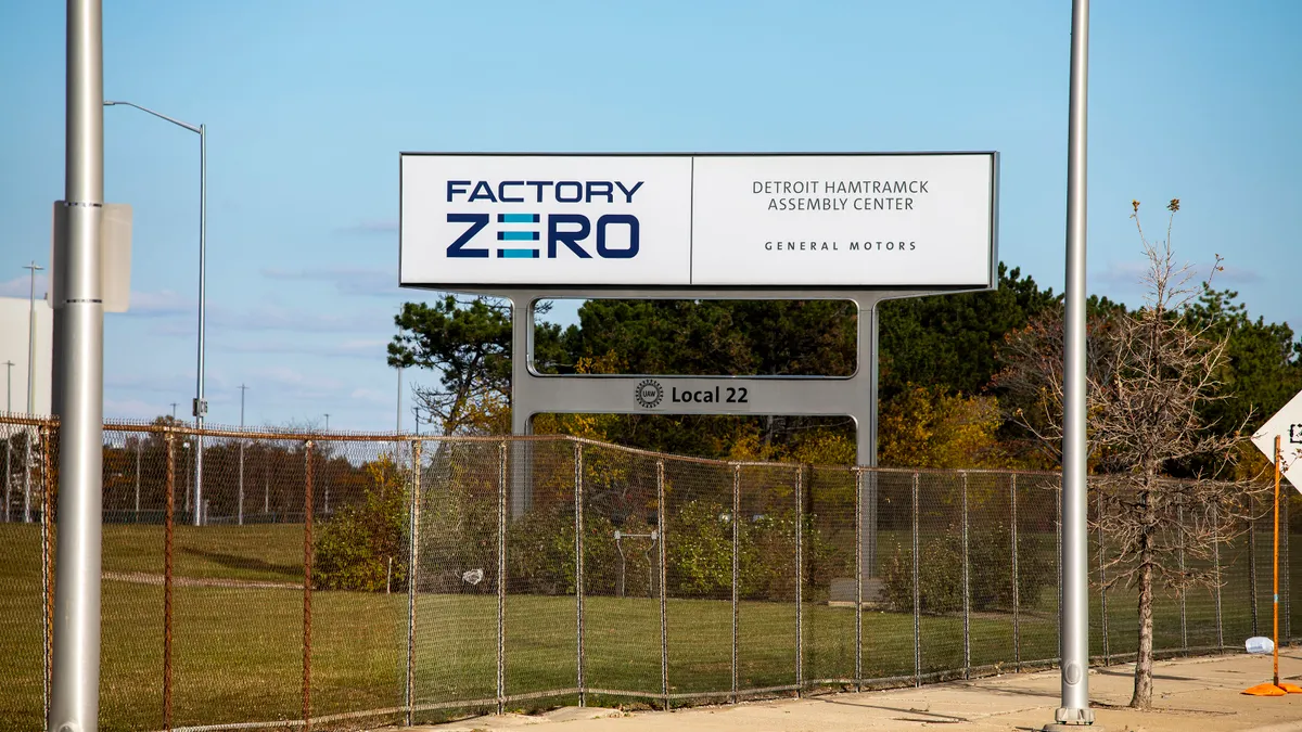 A sign outside of General Motors' Factory Zero plant